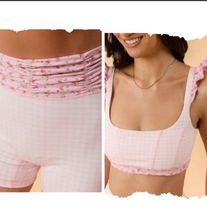 2 pcs Blogilates Women's Ruched Waist Bike Shorts &Sports Bra - Pink Gingham - M